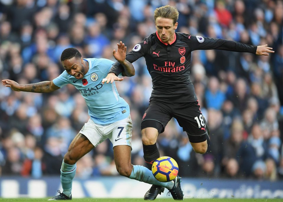 This was the moment Raheem Sterling went to ground under a challenge from Nacho Monreal