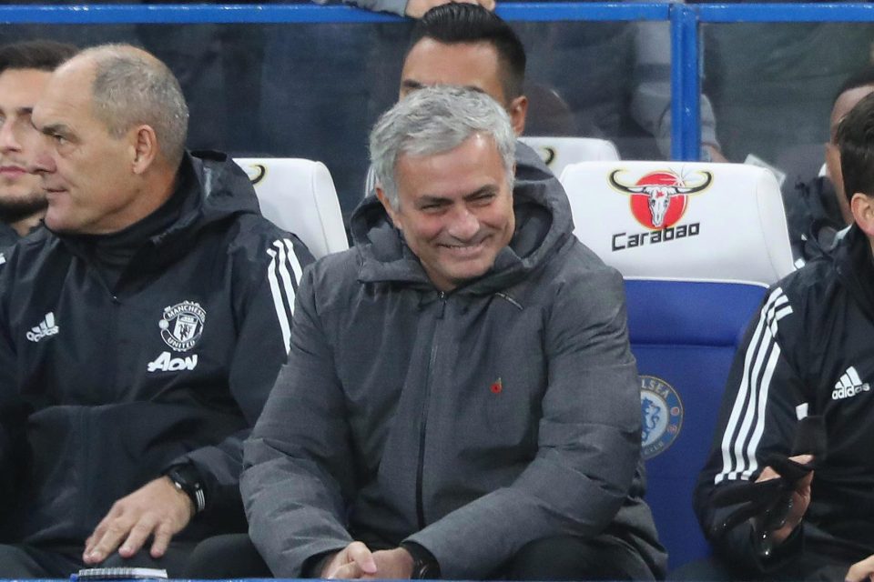  Jose Mourinho got into a better mood as he took his seat for the Chelsea vs Man United clash