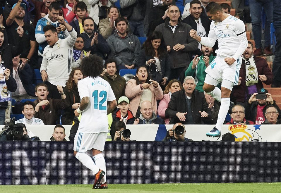 Casemiro celebrates his overdue opener against Las Palmas at the Bernabeu