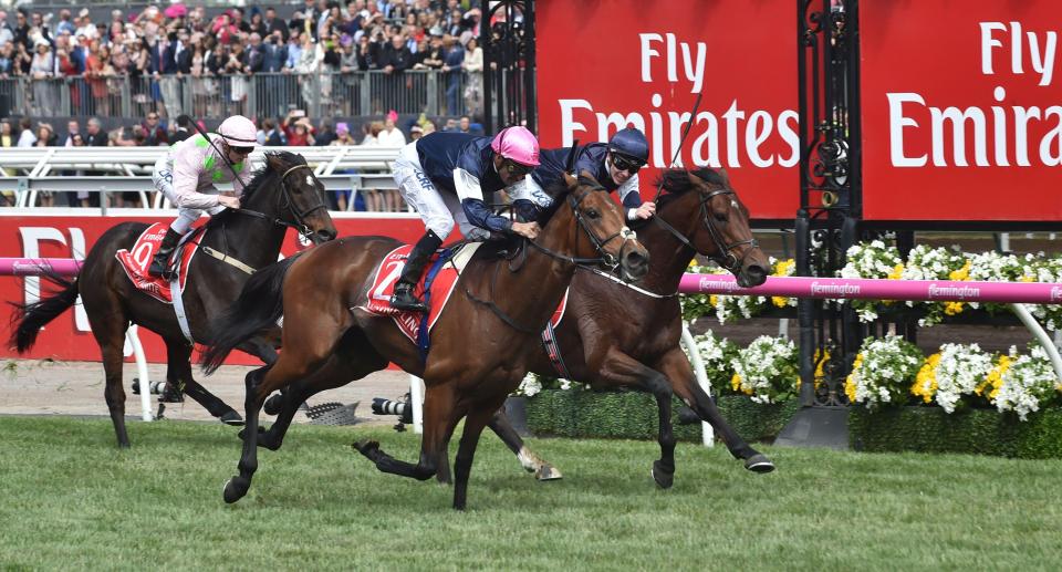 The race was tight in the final 50 metres at Flemington