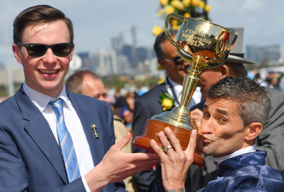 Trainer Jospeh O'Brien and jockey Corey Brown with the Melbourne CupTrainer Jospeh O'Brien and jockey Corey Brown with the Melbourne Cup