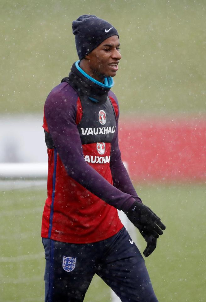 Marcus Rashford ensured he was wrapped up warm for training