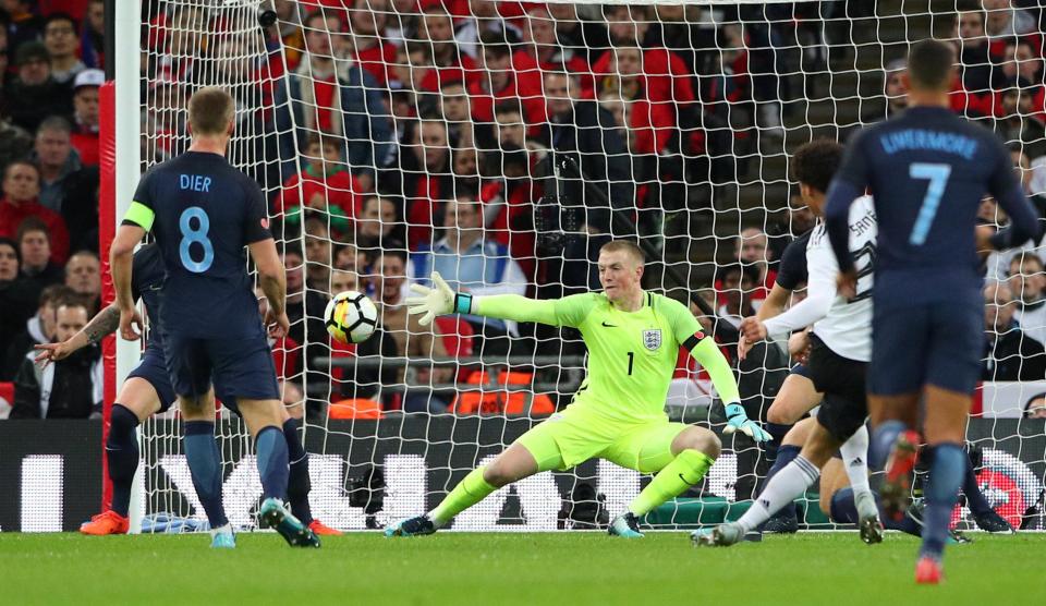  Everton goalkeeper Jordan Pickford expertly denied Leroy Sane in the opening 45 minutes