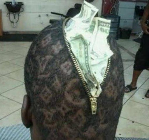  A guy had the Louis Vuitton logo shaved into his head, before bizarrely sticking on a gold zip fastening and a handful of dollar bills