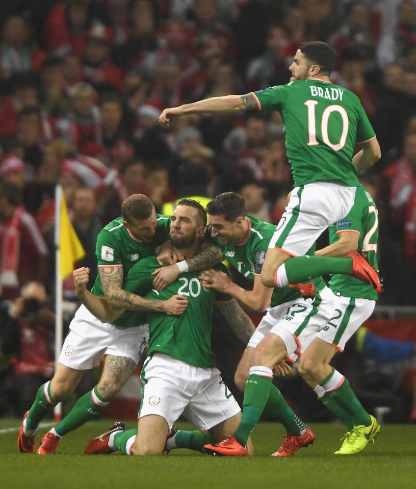 Republic of Ireland players celebrate their centre-half putting them into an early 1-0 lead