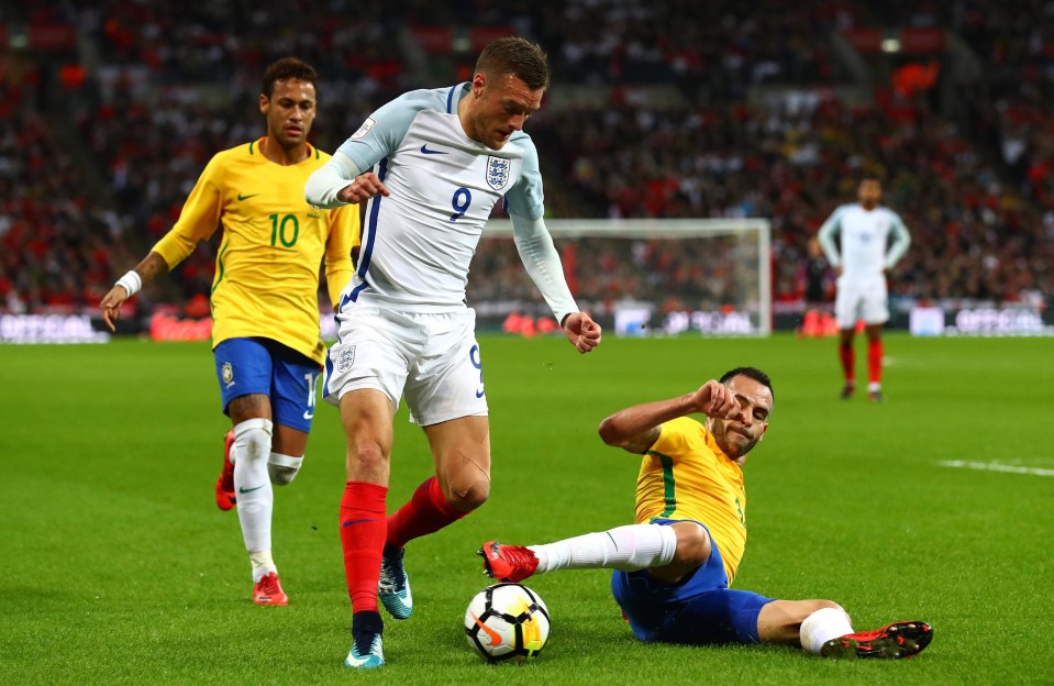 Leicester star Jamie Vardy was tackled by Renato Augusto as the Three Lions struggled in the opening period