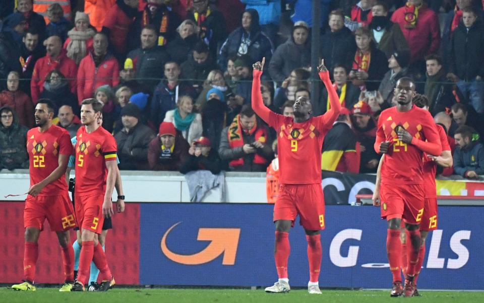 Romelu Lukaku celebrates after becoming Belgium's leading goal scorer