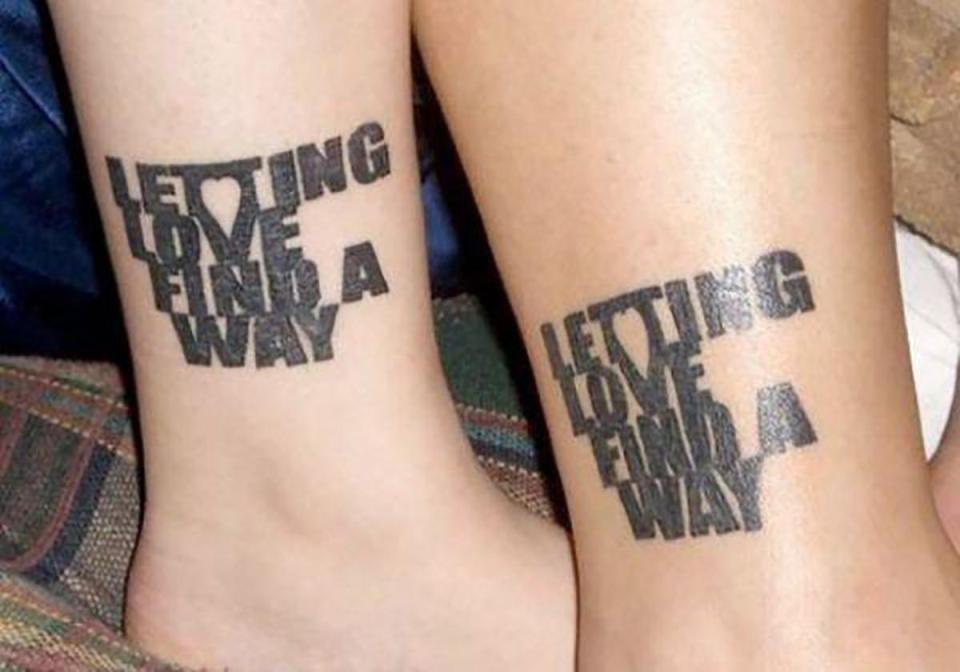  Matching slogans and images are among the couple tatts on display