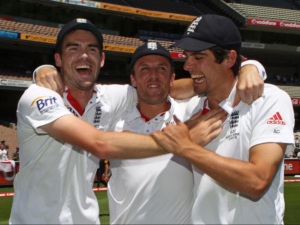 James Anderson, Graeme Swann and Alastair Cook celebrate winning the Fourth Test in Melbourne in December 2010