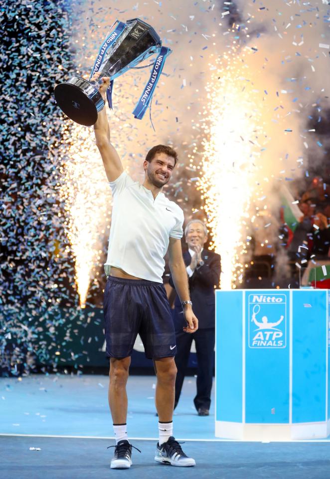  Tennis star Grigor Dimitrov celebrates after beating David Goffin in the ATP World Tour Finals