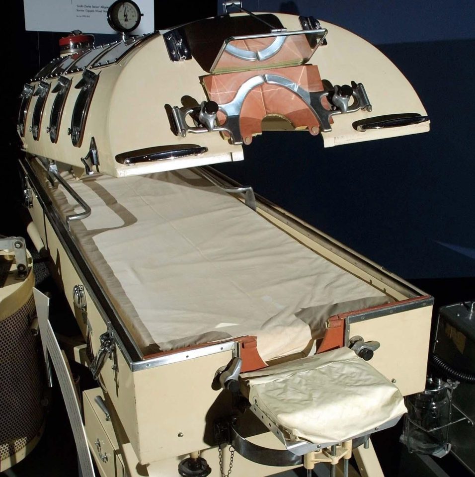  Patients lie down inside the machine which breathes for them