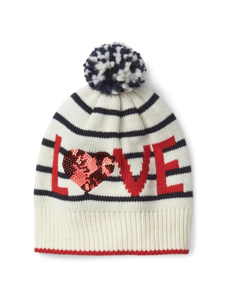 Save £5.98 on this Sequin “love” pom-pom beanie