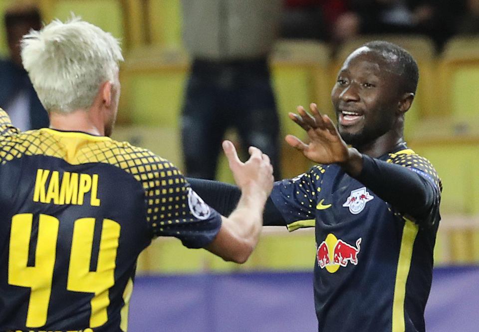  Naby Keita celebrates with RB Leipzig team-mates after scoring against Monaco