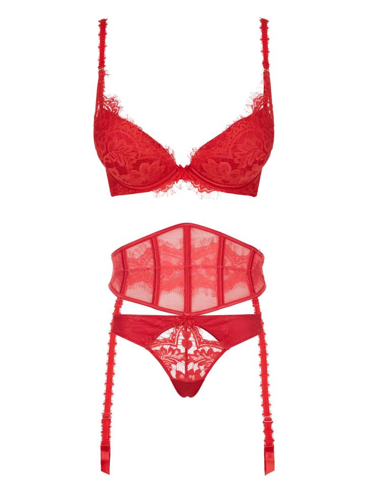  Wow in this red bra which costs £25.60 and pair with the Audrina Thong (£11.20) and Audrina Lace-up Waspie (£20)