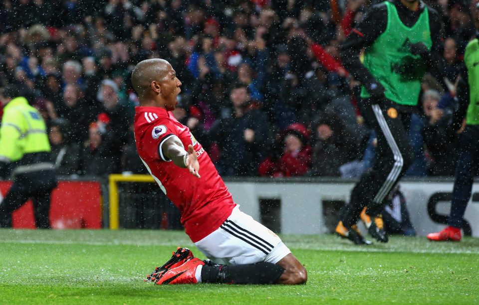 Ashley Young celebrates Man United's goal against Brighton