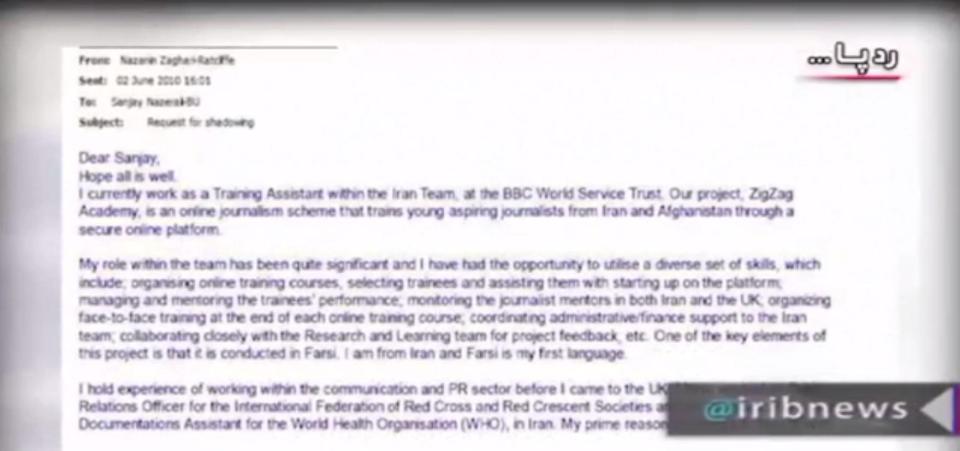  The Iranian special report also broadcast an email about a programme to train journalists in Iran