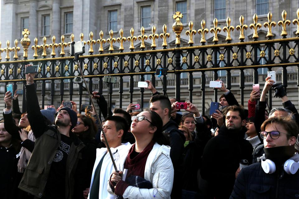  Crowds are gathered outside Buckingham Palace today after the royal's engagement was announced