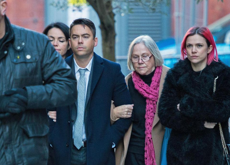 Bruno Langley arrives at court with supporters this morning