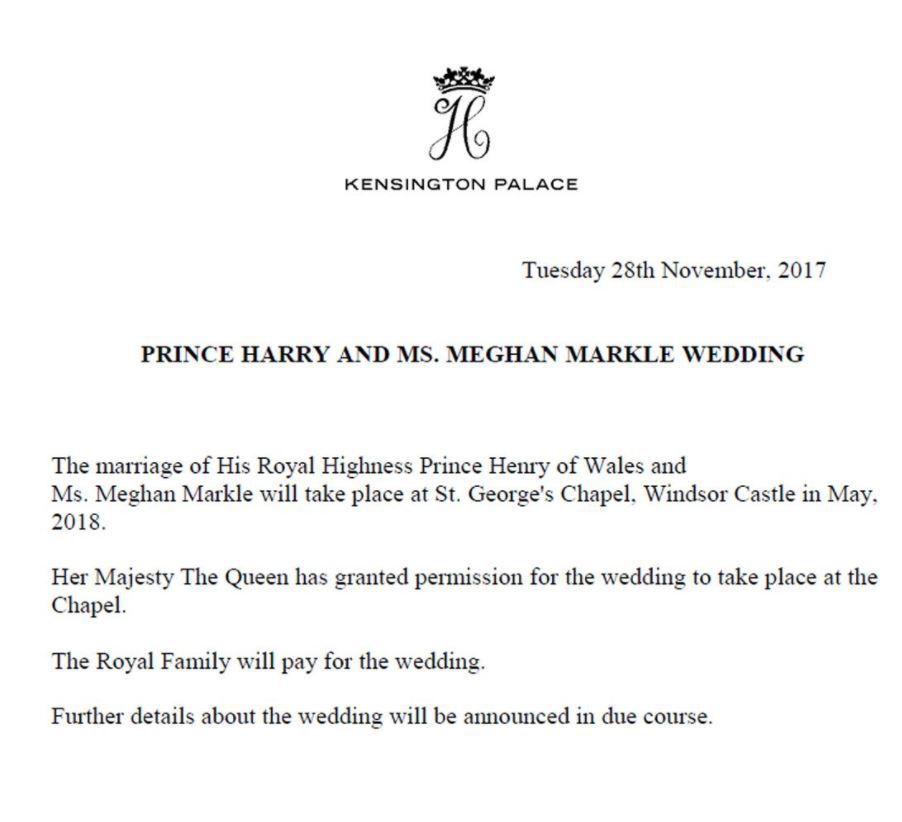 Kensington Palace announced the wedding would be at Windsor Castle