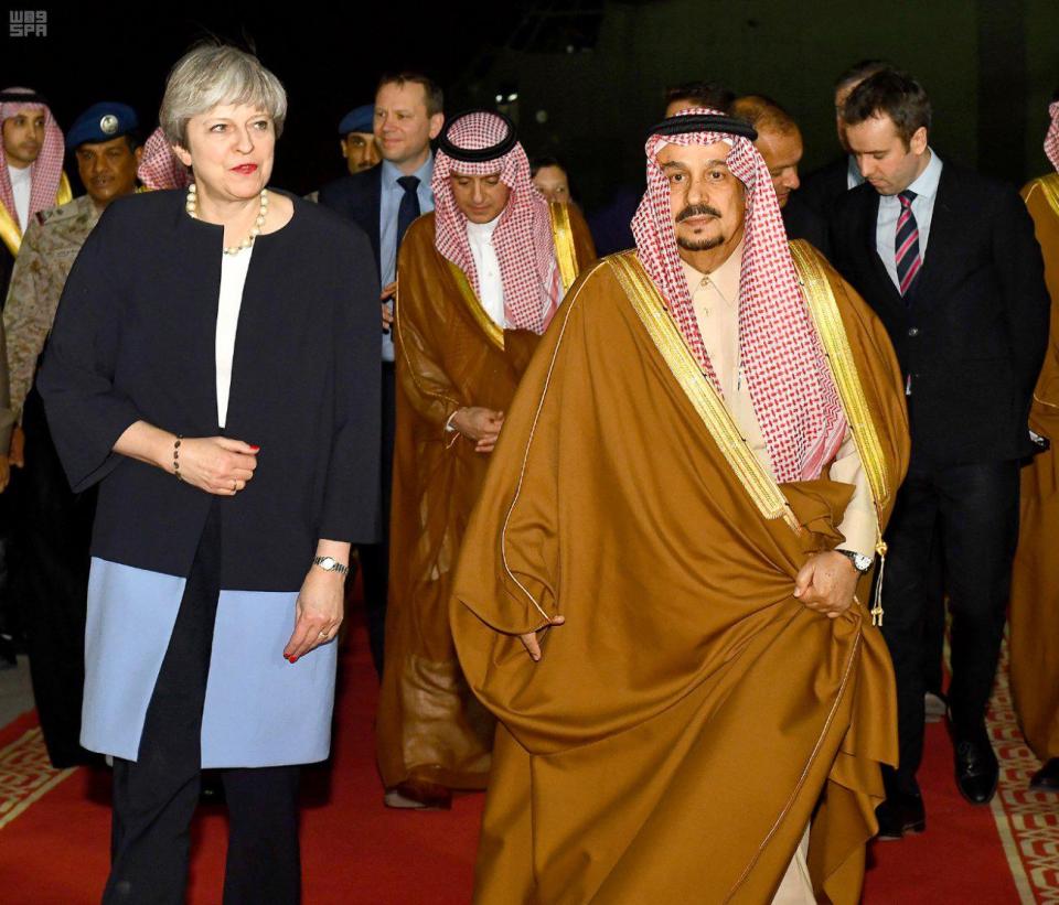  Theresa May arrives in Riyadh, Saudi Arabia, after being greeted by Riyadh Governor Faisal bin Bandar Al Saud