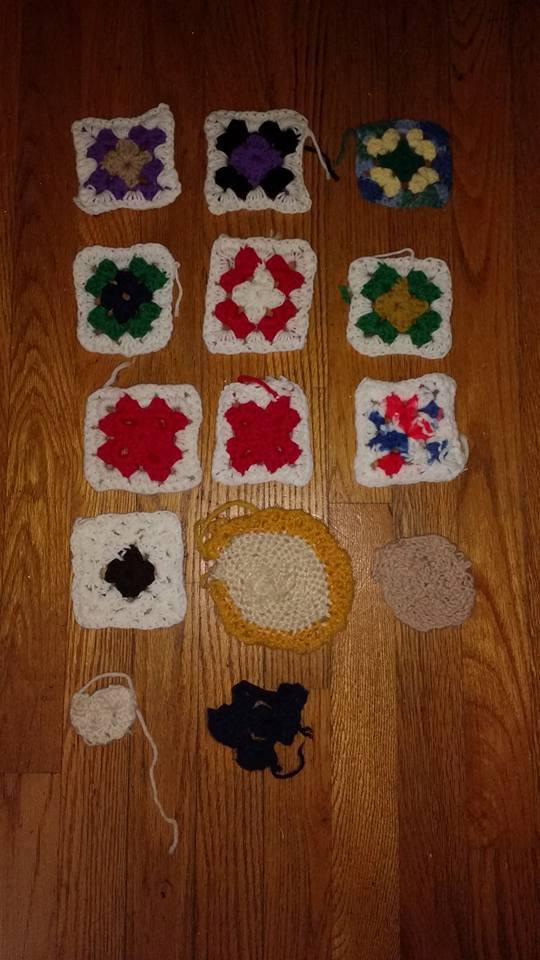 These squares were crocheted over a two year period, and show the progression of the disease 