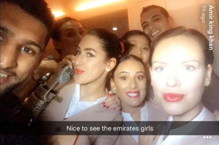 Amir Khan posed for selfies with the glamorous Emirates cabin crew