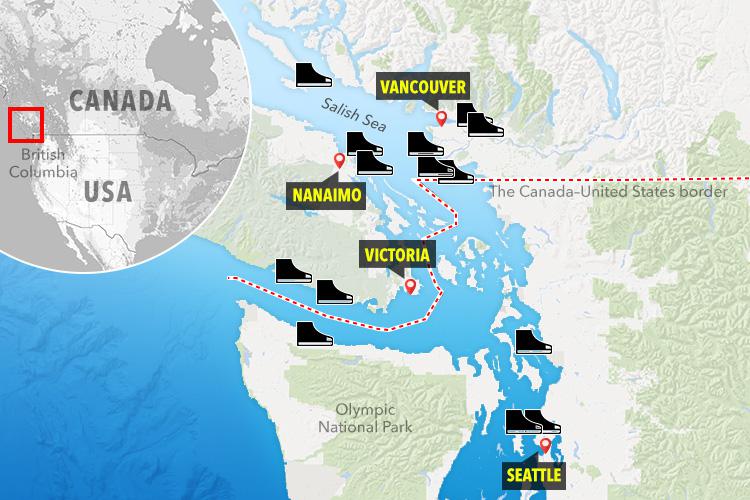 This map shows where the trainers with feet inside have been washing up