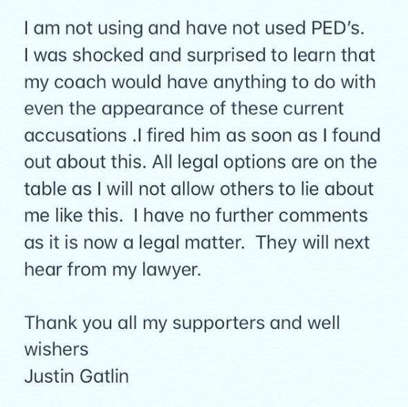 Justin Gatlin posted a statement on his Instagram page