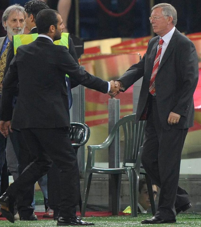  Guardiola and Sir Alex greet each other before the 2009 Champions League final