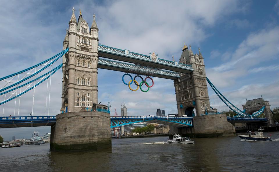 The Olympic Rings were hung under Tower Bridge for the London 2012 Olympics.