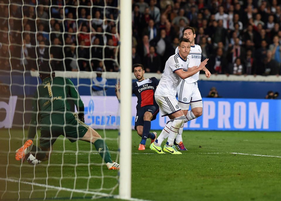 Javier Pastore scores against Chelsea during a 2014 Champions League tie