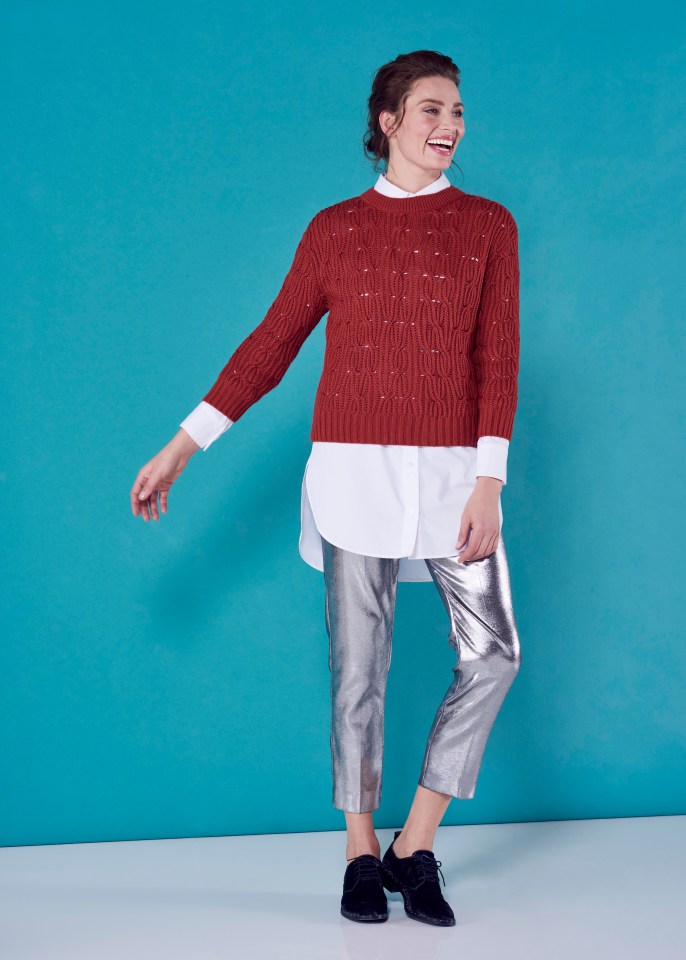 Shirt, £39.50, M&S; knitted jumper, £29.99, shoes, £49.99, both Mango; trousers, £45, Topshop