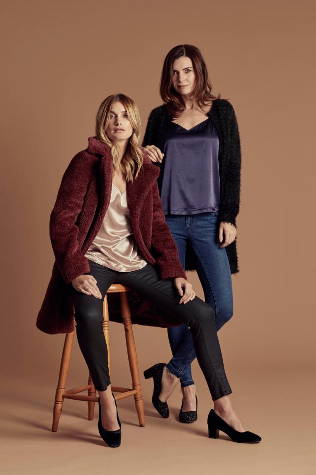  India (left): Maroon coat, £24.99; pink cami top, £5.99; coated black jeans, £11.99; block heels, £16.99 Karen (right): Black plush cardigan, £11.99; navy cami top, £5.99; blue jeans, £11.99