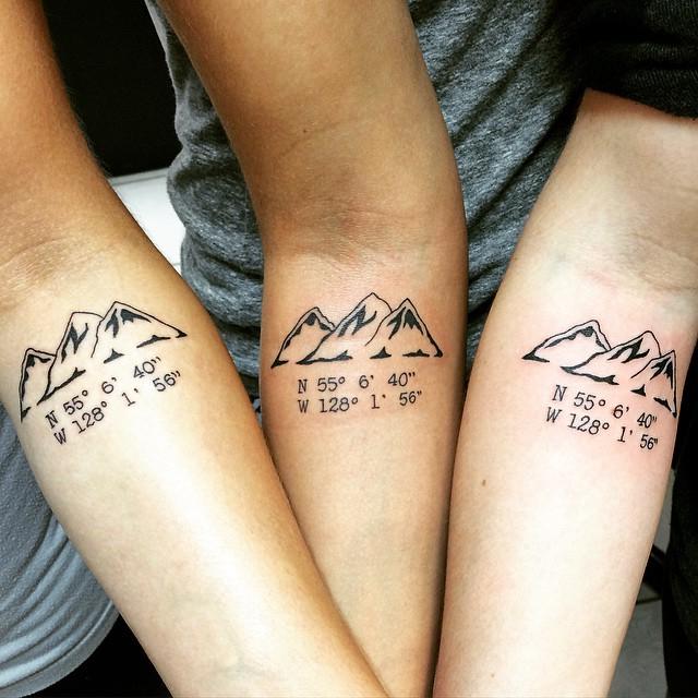  Three travel buddies each had a mountain range inked near the crease of their arm