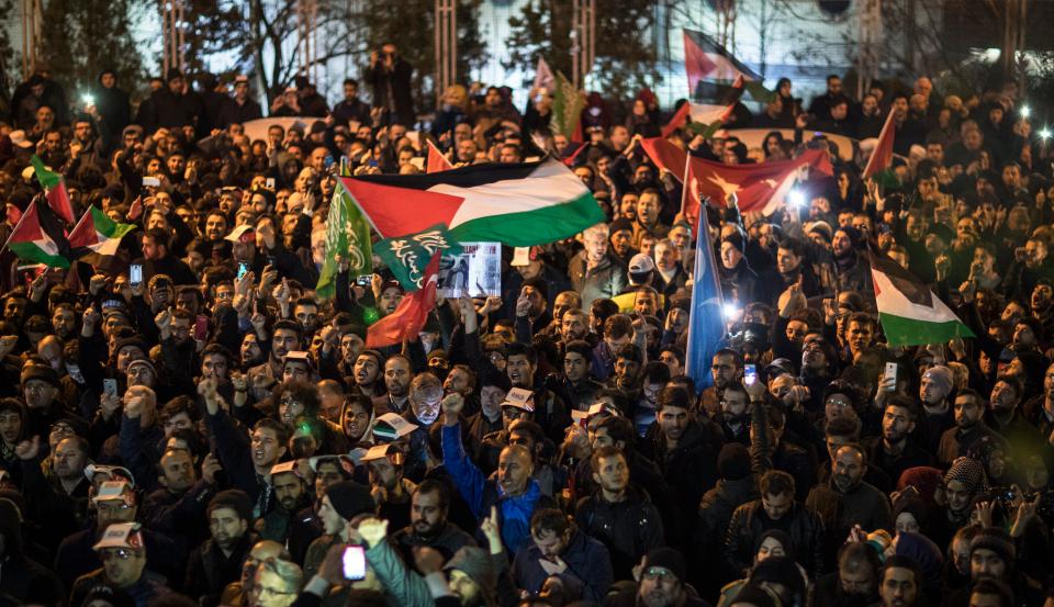  Demonstrators shouted slogans against President Trump in Istanbul, Turkey tonight as protests swept across the Middle East