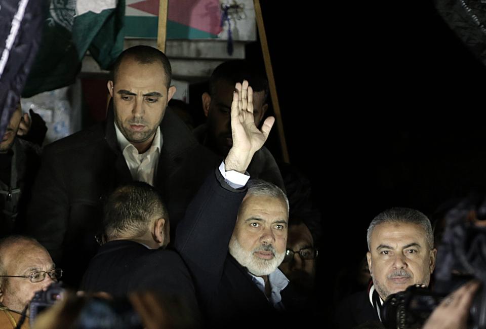  Hamas' political leader Ismaeil Haneiya at a protest in Gaza City. He called on Palestinians to mark the decision with a day of rage