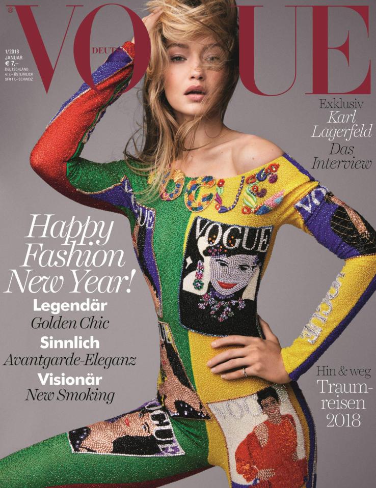 Here the supermodel rocks a colourful play suit with different Vogue covers on them