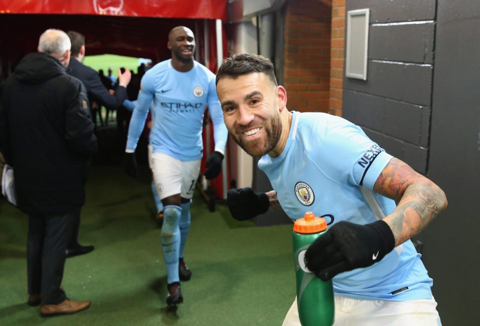  Nicolas Otamendi celebrates after scoring the winner in the Manchester derby