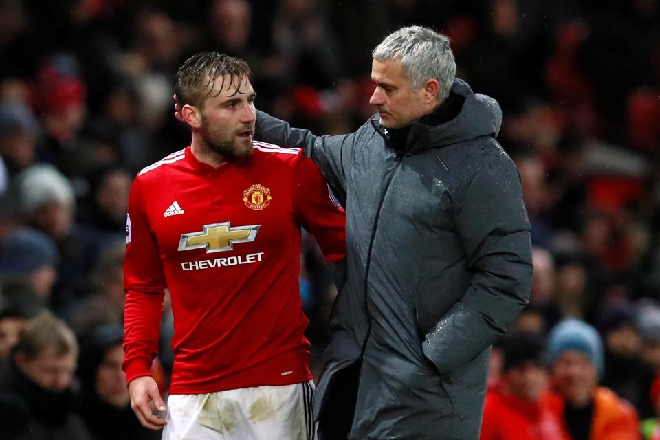  Luke Shaw and Jose Mourinho embrace after an impressive performance from the English left back