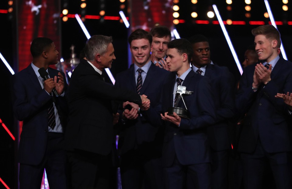 Gary Lineker presents Phil Foden with the Young Sport Personality of the Year award