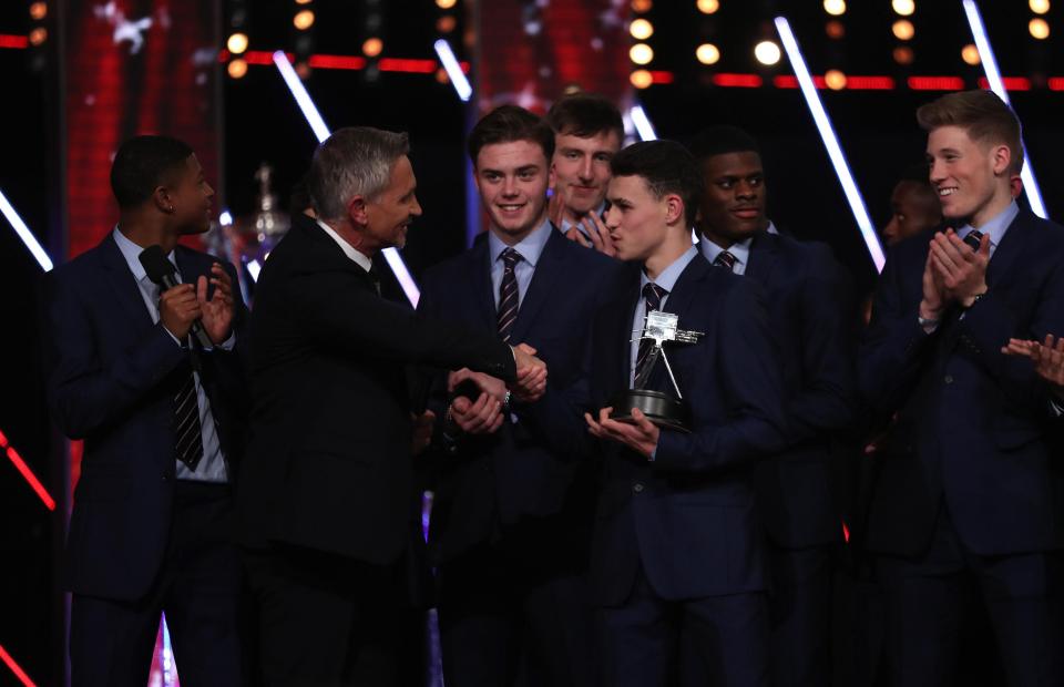  Gary Lineker presents Phil Foden with the Young Sport Personality of the Year award