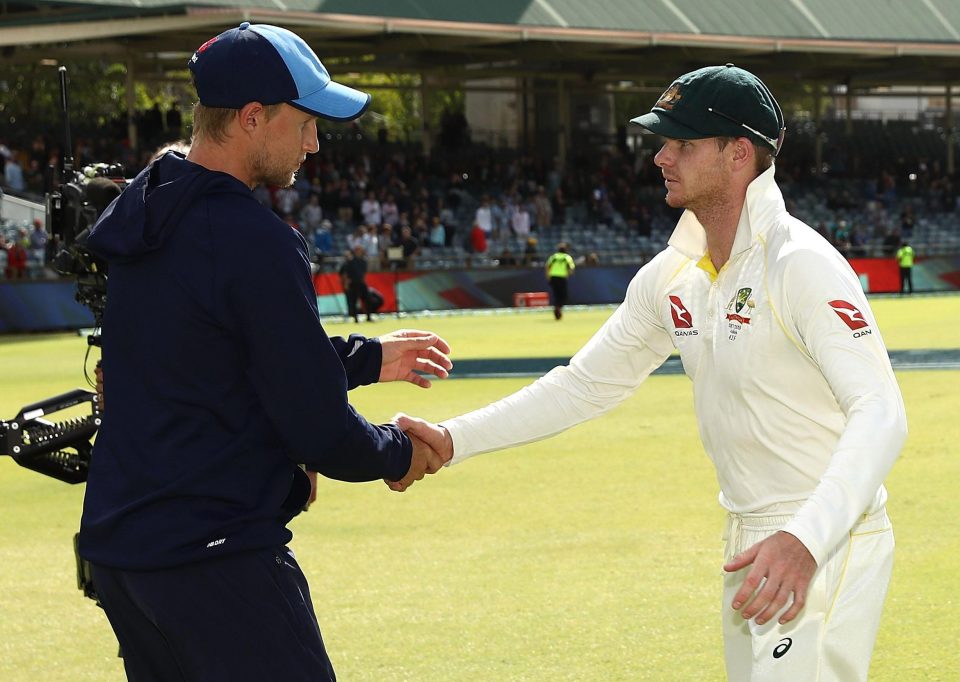  England captain Joe Root shakes hands with Aussie skipper Steve Smith