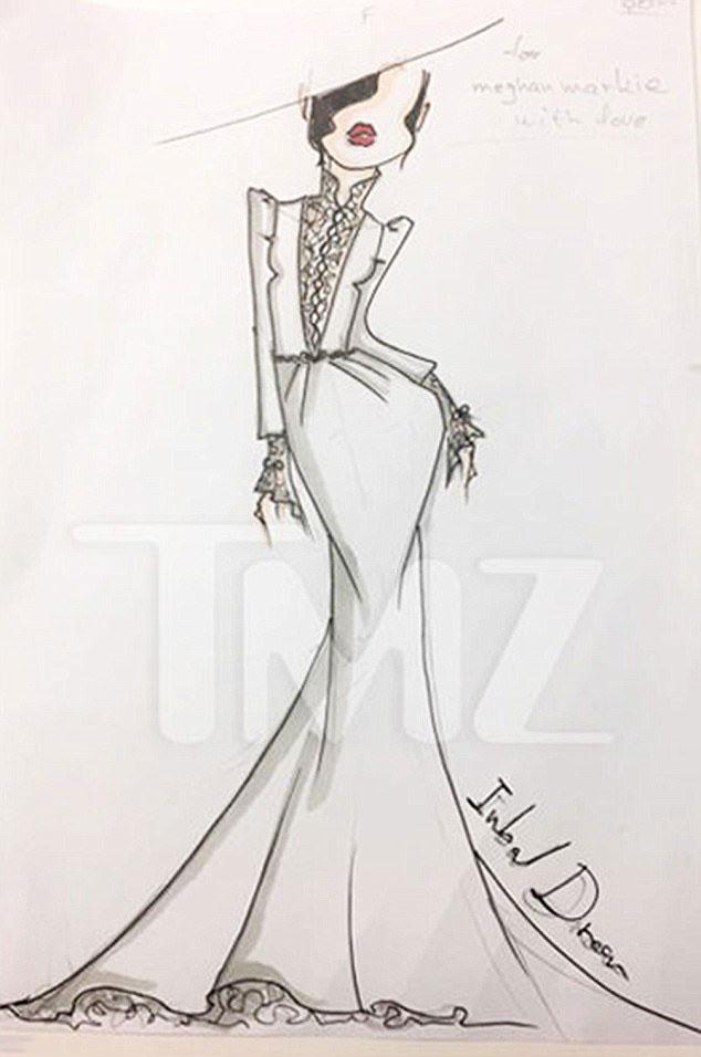  One sketch shows an elegant, floor-sweeping gown with a very daring neckline