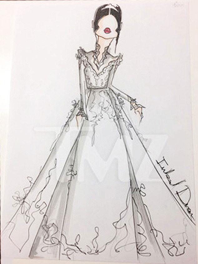  A third sketch shows a different design that features an A-line skirt and frills around the shoulders