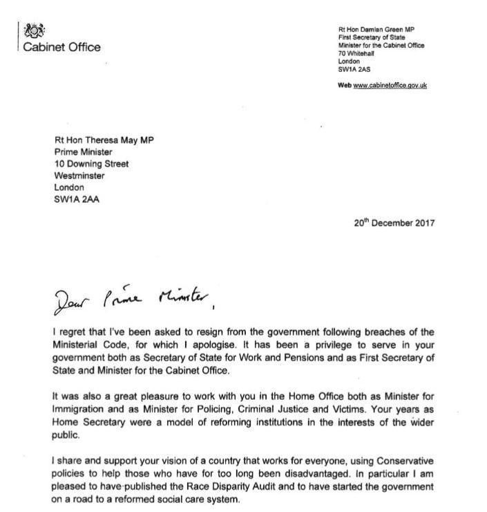  Damian Green sent this letter to the PM submitting his resignation