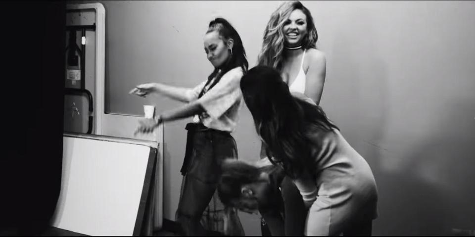  Jade, Leigh-Anne and Jesy laugh as Perrie doubles over during a fit of giggles