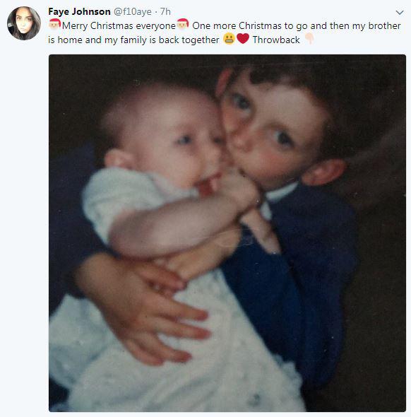  The Twitter message Faye posted about her brother's release