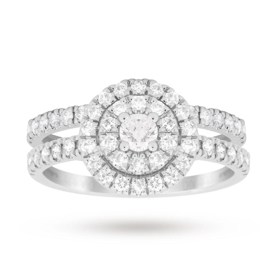  Brilliant Cut 1.00 Total Carat Weight Cluster Bridal Set in 18 Carat White Gold was £2,250, now £1,505, at goldsmiths.co.uk