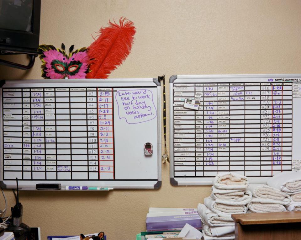  A detailed noticeboard reveals the schedule of the working girls' hours