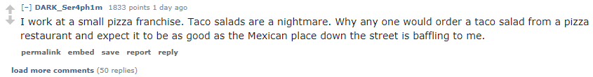  A worker said Mexican salad eaters should stay away from pizza chains